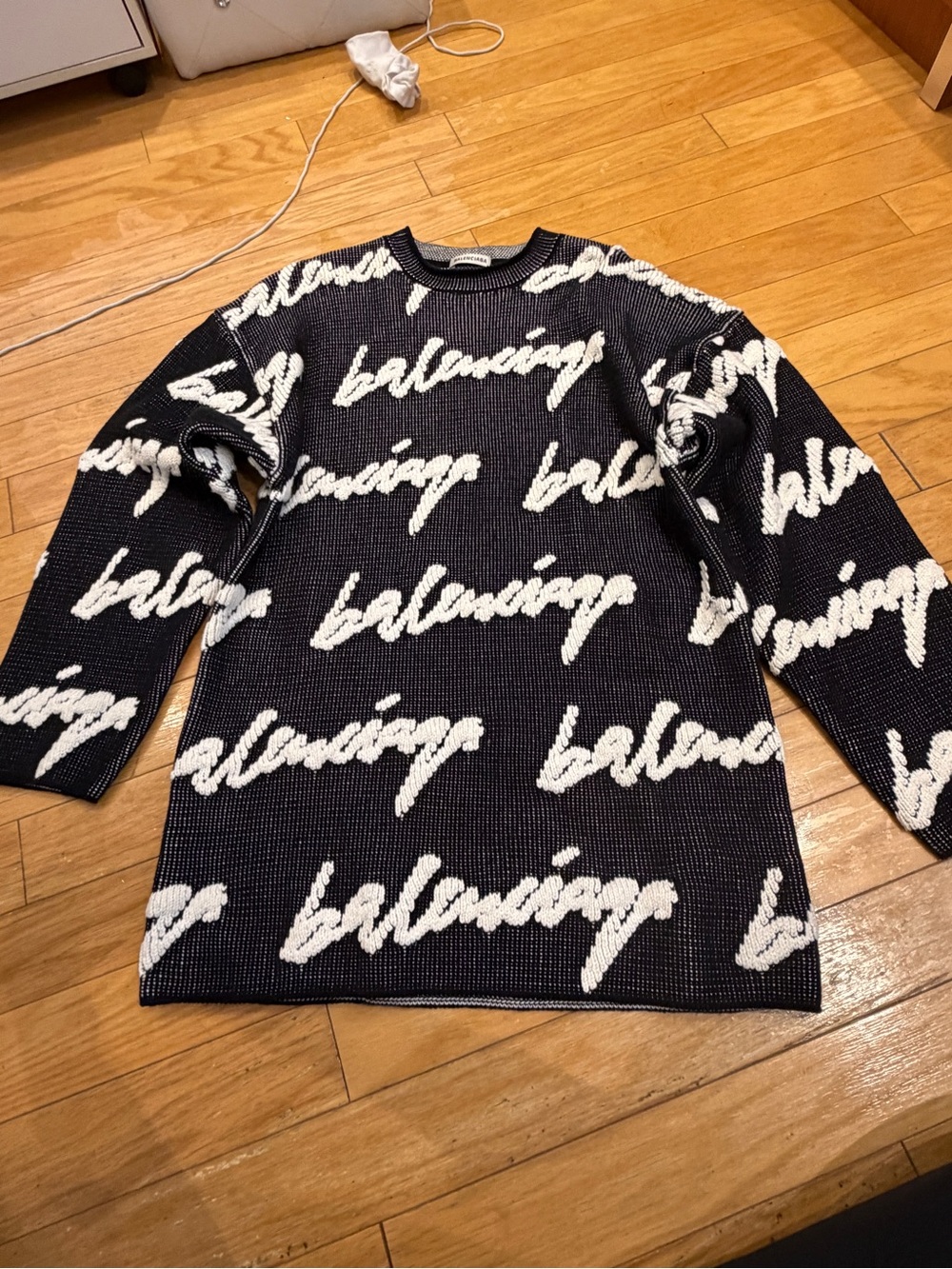 Balenciaga Script Logo Oversized Black & White Knit Sweater Dress Sz M